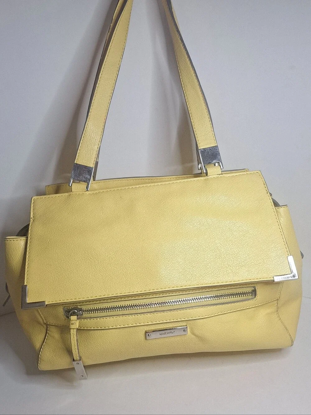 Nine West Chic Faux Leather Butter Yellow Boxy Shoulder Bag Front Flap Purse